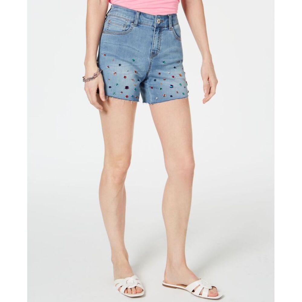 INC International Concepts Rainbow Rhinestone Raw Hem Jean Shorts